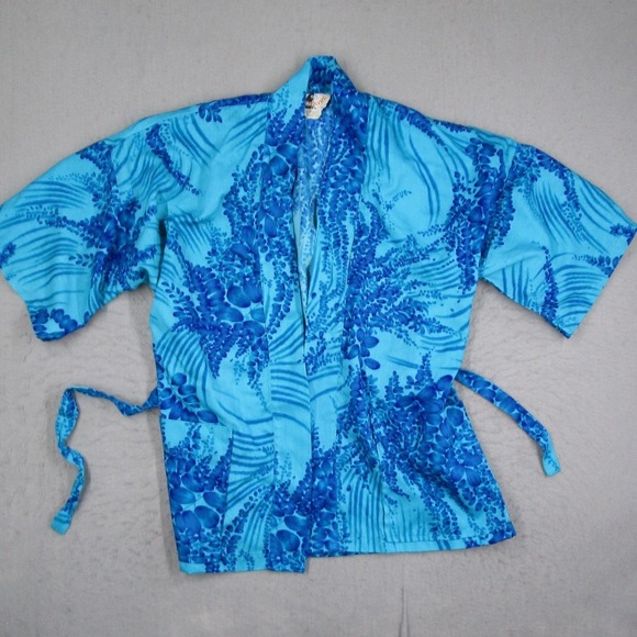 Otaheite Maui Other - Otaheite Maui Vintage Blue Tropical Floral Kimono Robe Wrap Top Short Hawaiian